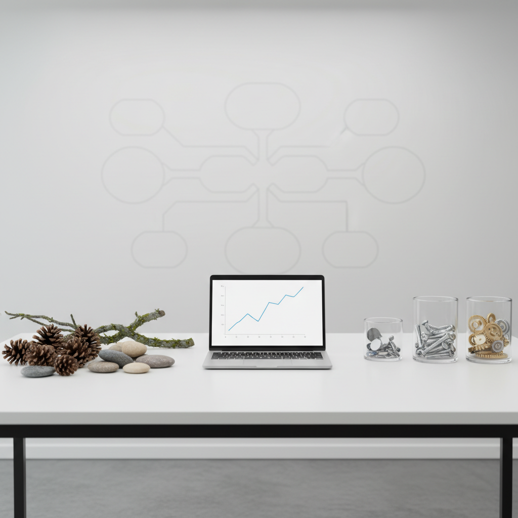 A bright, organized science thinking space featuring a large white table with three distinct zones: on the left, a cluster of natural objects like pinecones, smooth river stones, and a moss-covered branch; in the center, a sleek open laptop showing a simple data graph; on the right, transparent containers with neatly sorted metal screws, magnets, and small gears. Behind the table, a matte white wall displays a subtle, abstract outline of a mind map. Soft studio lighting from above and slightly behind creates clear, shadowed contours while avoiding harsh glare. Photographic realism, slightly elevated angle, balanced composition with moderate depth of field. The mood is focused and methodical, blending nature, thought, and practical action in a modern STEM learning environment.