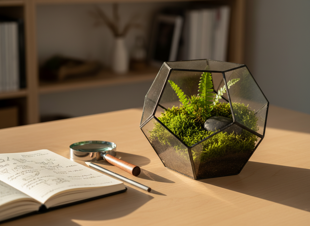 A close-up photographic view of a transparent glass terrarium shaped like a geometric polyhedron, resting on a light birch desk. Inside, a miniature self-contained ecosystem: dark fertile soil, bright green moss, a small fern unfurling, and a single smooth basalt stone. Beside the terrarium lie a stainless-steel magnifying glass, a fine-tip mechanical pencil, and an open field notebook with precisely sketched observations in German. Warm, late-afternoon sunlight enters from the right, producing delicate highlights on the glass edges and soft, elongated shadows. Shot with shallow depth of field, the terrarium remains in crisp focus while the background fades into a soft blur of shelves and neutral tones. The scene feels serene, thoughtful, and scientifically curious, emphasizing careful observation and connection to nature.