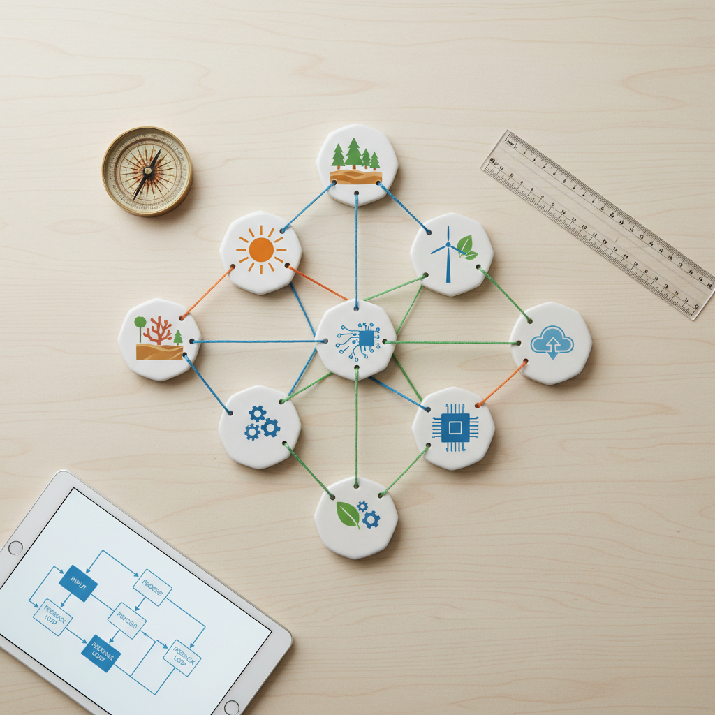 An overhead, photographic view of a carefully curated “thinking in systems” layout on a pale wooden table: hexagonal white tiles printed with icons of ecosystems, energy, materials, and information, arranged in an interconnected network. Thin colored strings link the tiles, crossing in structured patterns. Around the network lie a compass, a transparent plastic ruler, and a slim tablet displaying a simple flow diagram. Soft, diffused studio light from above eliminates harsh shadows while preserving fine detail in textures and printed symbols. The composition is symmetrical but slightly offset to suggest openness and ongoing thinking. The mood is analytical and constructive, perfectly matching a professional educational focus on understanding complex natural relationships and planning responsible action.