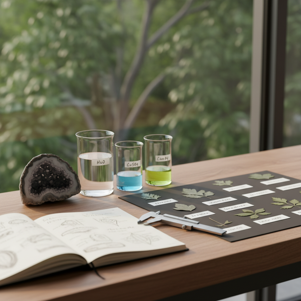 A meticulously arranged wooden workbench covered with natural science learning objects: a sliced geode revealing shimmering crystals, neatly labeled glass beakers with clear and softly tinted liquids, dried pressed leaves in a grid, and a precise metal caliper beside an open notebook filled with clean diagrams. The bench stands near a large window overlooking blurred greenery. Soft morning daylight enters from the left, casting crisp but gentle shadows and subtle reflections on glass surfaces. Photographic realism, eye-level composition with slight angle, shallow depth of field focusing on the central objects. The atmosphere is calm, analytical, and inviting to think and experiment, with a clean, modern educational aesthetic in natural wood, white, and muted green tones.