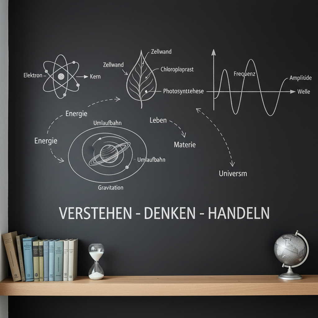 An elegant, minimalist blackboard wall filled with carefully drawn white chalk diagrams of interconnected natural science concepts: a simple atom model, a plant cross-section, a planetary orbit, and a wave pattern, all connected by thin arrows and concise keywords in German. At the base, a light oak shelf holds neatly aligned reference books, a clear glass hourglass with fine sand, and a small globe made of matte metal. Soft, diffused overcast light from an unseen window creates a gentle sheen on the chalk lines. Photographic realism, straight-on eye-level shot with sharp focus throughout. The mood is structured, contemplative, and professional, conveying “Verstehen – Denken – Handeln” in a clean, modern educational environment.