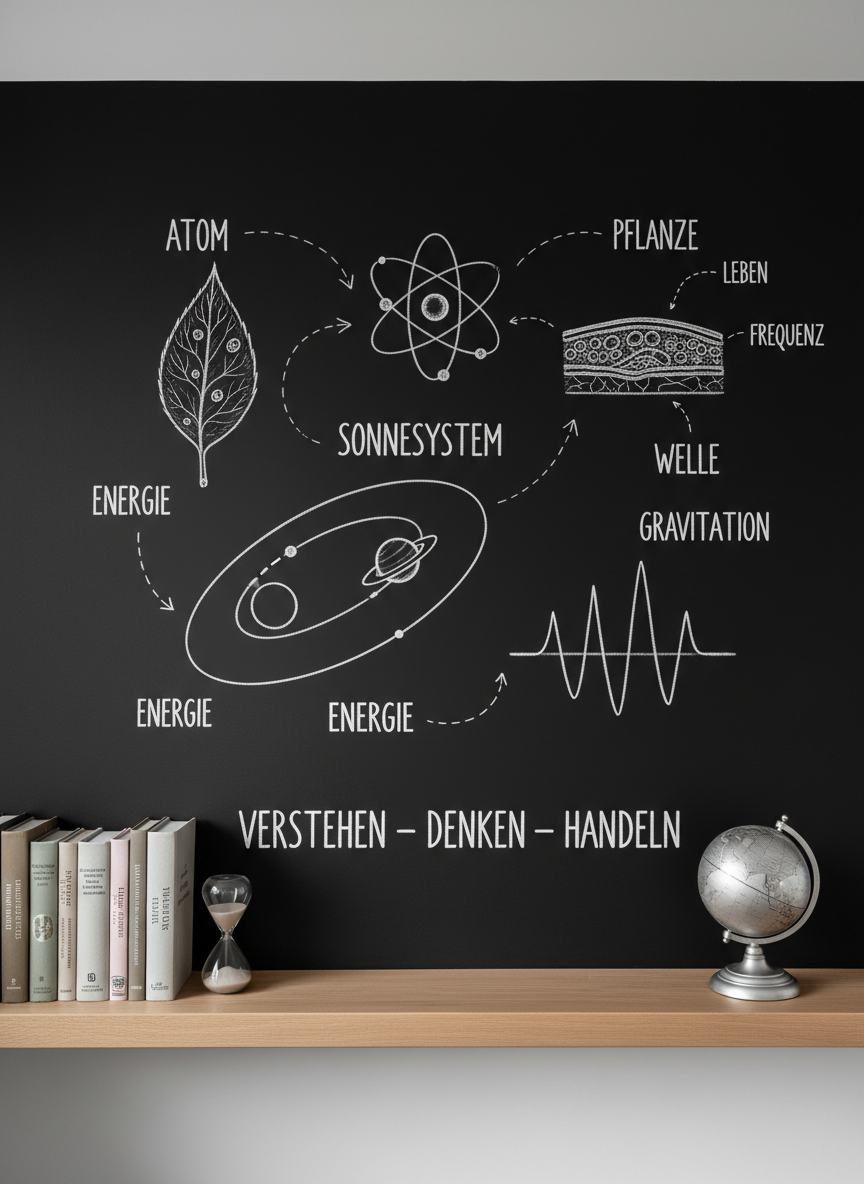 An elegant, minimalist blackboard wall filled with carefully drawn white chalk diagrams of interconnected natural science concepts: a simple atom model, a plant cross-section, a planetary orbit, and a wave pattern, all connected by thin arrows and concise keywords in German. At the base, a light oak shelf holds neatly aligned reference books, a clear glass hourglass with fine sand, and a small globe made of matte metal. Soft, diffused overcast light from an unseen window creates a gentle sheen on the chalk lines. Photographic realism, straight-on eye-level shot with sharp focus throughout. The mood is structured, contemplative, and professional, conveying “Verstehen – Denken – Handeln” in a clean, modern educational environment.
