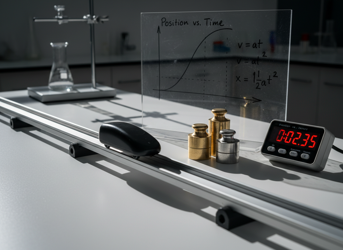 A dramatic, high-resolution photograph of a simple physics experiment on a clean white lab bench: a polished metal track with a single black cart frozen mid-motion, a digital timer with bright clear numbers, and a neatly arranged set of calibrated weights. Behind them, a transparent acrylic board shows a hand-drawn motion graph and formulae in precise, dark marker lines. Directional side lighting from the left creates strong, defined shadows of the cart and weights, emphasizing form and precision. Captured from a low, slightly forward angle, the track leads the viewer’s eye into the frame following the rule of thirds. The atmosphere is dynamic yet controlled, highlighting analytical thinking and experiment-based understanding in a professional natural science learning context.