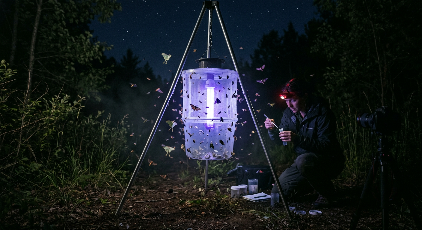 Researcher examining moths near illuminated light trap at night in forest